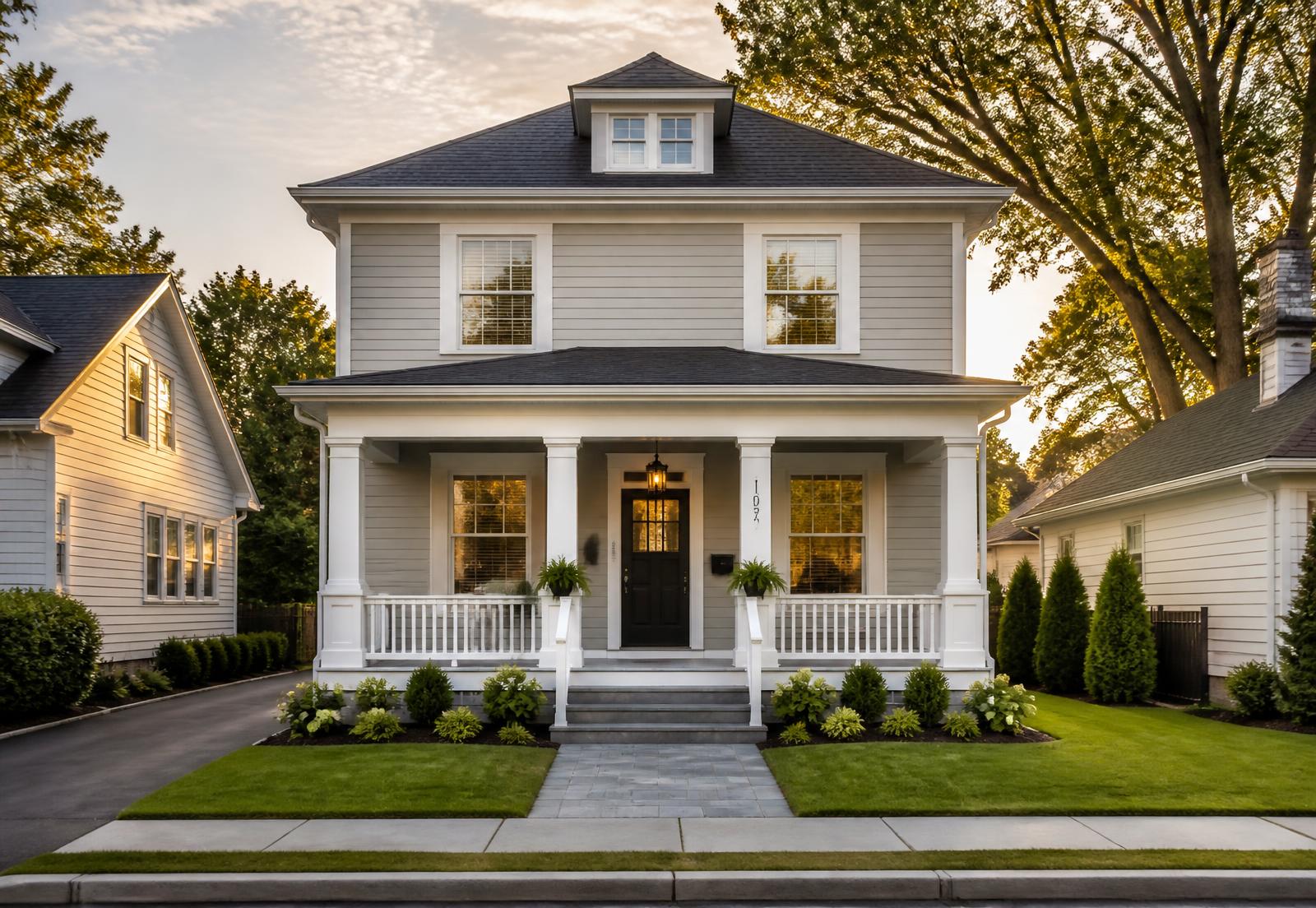 Restored two-story home on a tree-lined neighborhood street at golden hour